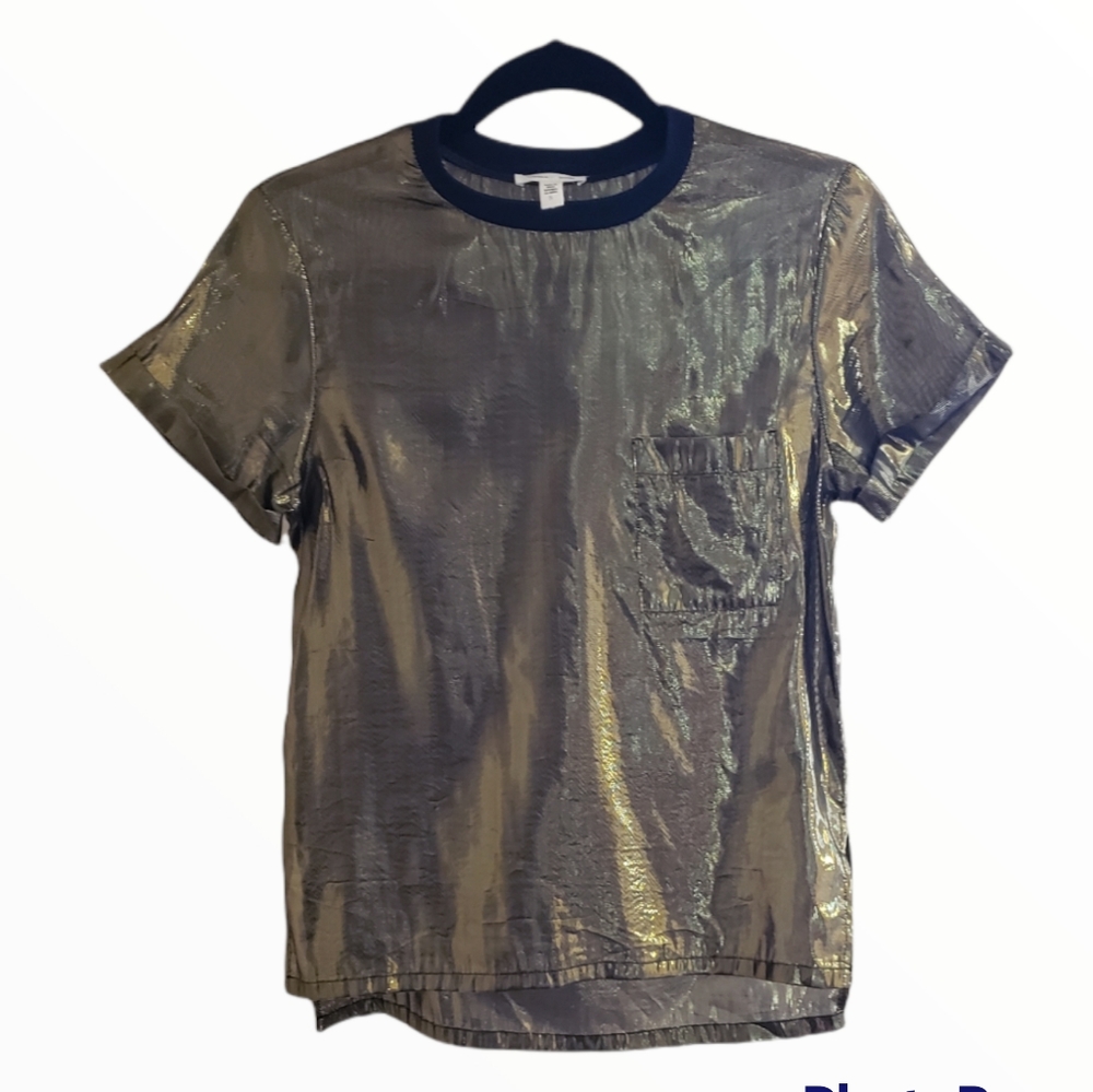 AnthropologySILENCE+NOISE metallic blouse gold short sleeve crew neck size Small